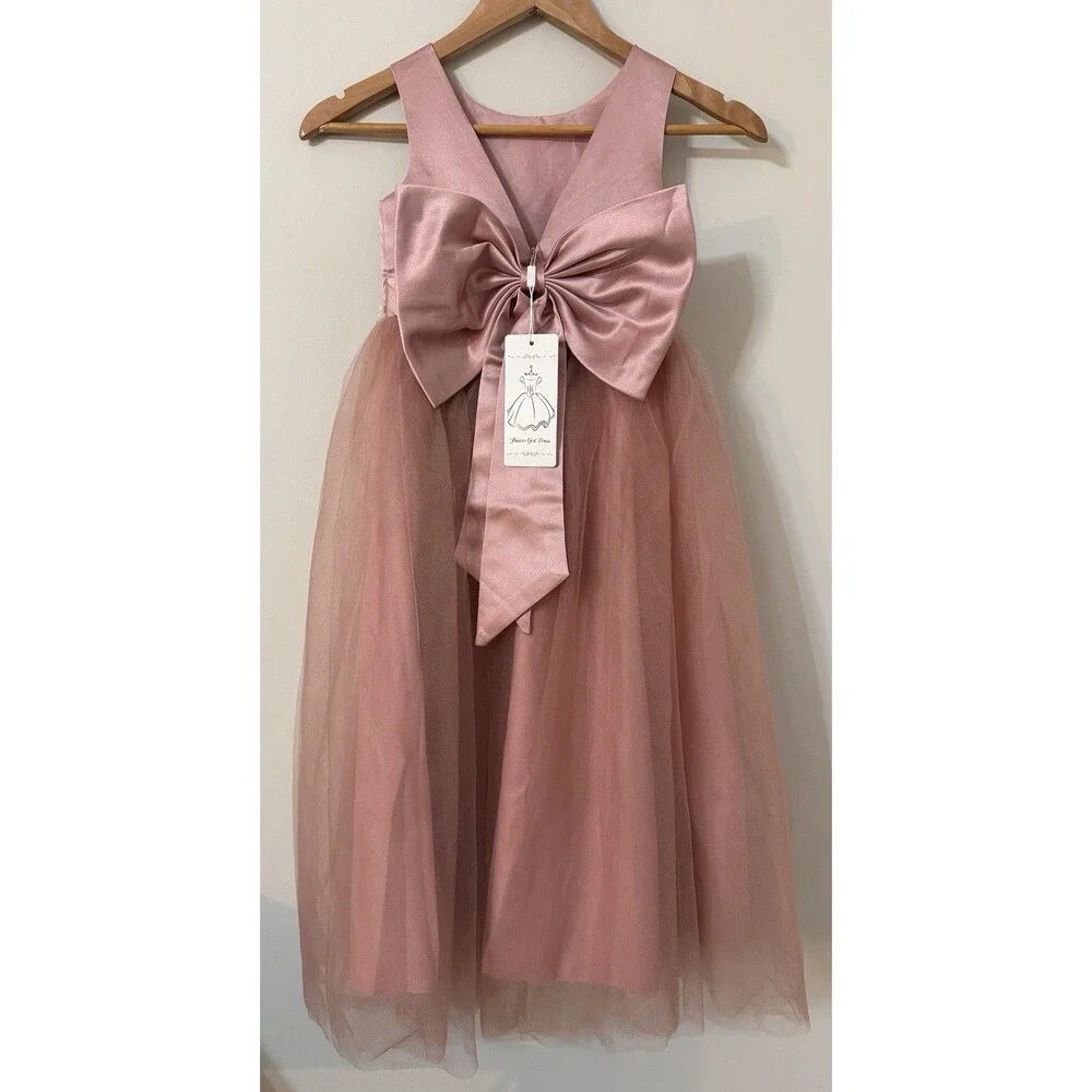Girls Size 6 Formal Dress -Sleeveless Pink Silk & Tulle Dress w/ Bow On Back NWT
